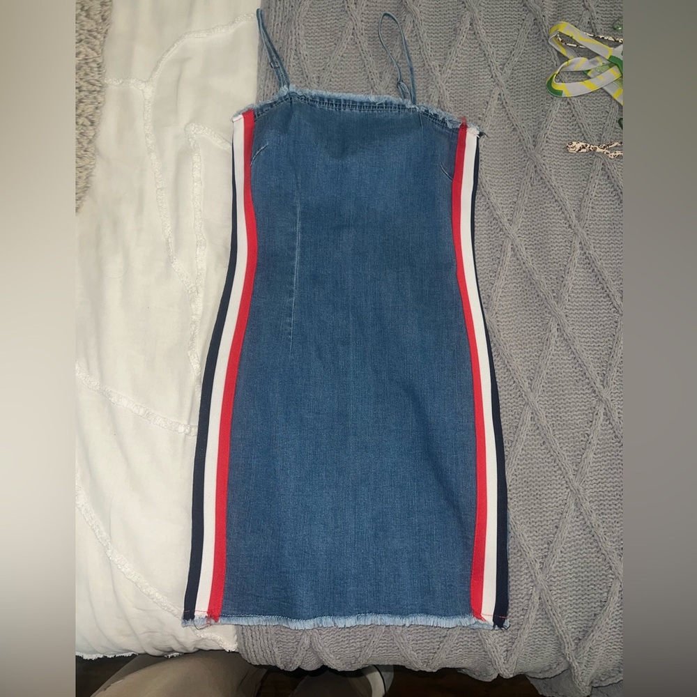 Women's Denim Dress with Red and White Stripes